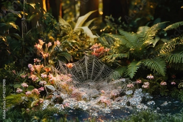 Fototapeta A glistening spiderweb adorned with dewdrops amidst pink flowers and lush green foliage, bathed in golden light, creating a magical, ethereal garden scene.