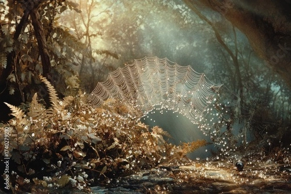 Fototapeta Glistening dew-covered spiderweb beautifully catches golden sunlight in a mystical forest. Ethereal, shimmering nature scene with vibrant foliage and sparkling water droplets.