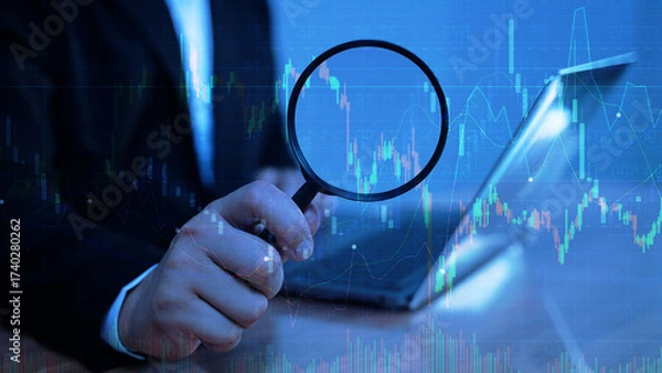 Fototapeta Business data analysis concept with magnifying glass and digital chart on laptop screen.