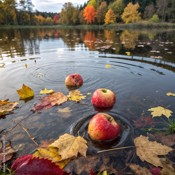 Fototapeta apples floating in a serene, reflective pond surrounded by autumn leaves and trees with colorful foliage. The scene is tranquil and picturesque, capturing the essence of fall.