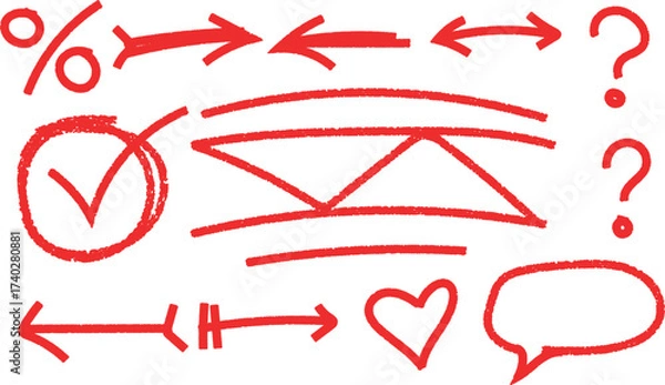 Fototapeta Hand drawn red sketch design elements arrows check marks question marks