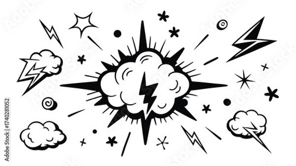 Fototapeta Hand Drawn Comic Style Explosion Effects and Doodle Elements Including Smoke Clouds, Lightning, Starbursts, and Speed Lines on White Background
