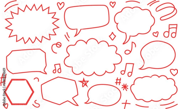 Fototapeta Hand drawn speech bubbles doodles and other elements in red color