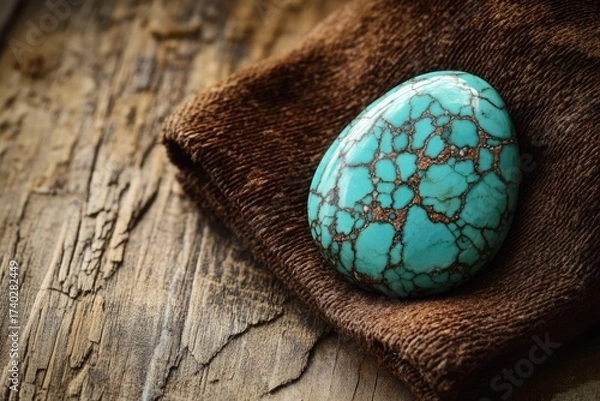 Fototapeta A polished turquoise gemstone with intricate brown matrix patterns rests on soft brown fabric against a rustic wooden background.