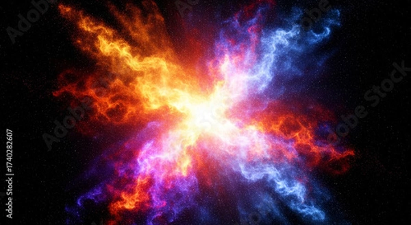Fototapeta Stunning vibrant cosmic explosion of light and energy in deep space, brilliant nebula with fiery orange and cool blue tones, perfect for sci-fi projects