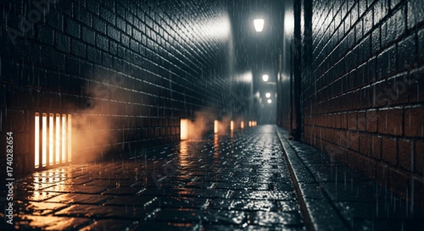 Fototapeta Eerie rainy night in dark brick alley with glowing vents, perfect for mystery, suspense, or urban exploration concepts, creating cinematic atmosphere