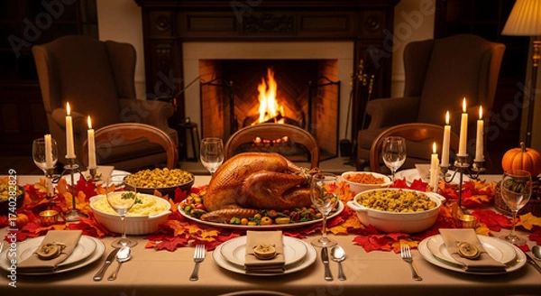 Fototapeta Gather around a stunning Thanksgiving dinner table with golden roasted turkey and glowing candles by a cozy fireplace for cherished holiday memories