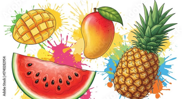 Obraz Vibrant tropical fruit medley featuring juicy watermelon, sweet mango, and delicious pineapple for a refreshing summer sensation and healthy lifestyle