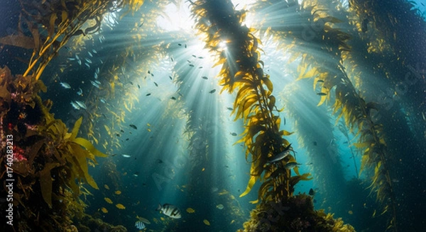 Fototapeta Explore a vibrant underwater kelp forest with sun rays piercing through, a stunning marine ecosystem teeming with life and ocean beauty