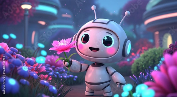 Obraz Adorable robot holds a delicate pink flower in a dreamy, neon-lit garden, spreading joy and wonder in a futuristic landscape fantasy scene