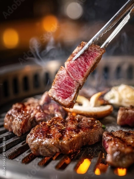 Fototapeta Grilled beef slices on a hot plate