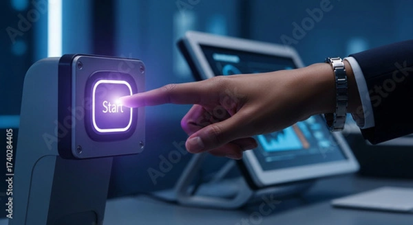 Fototapeta Professional hand presses illuminated 'Start' button triggering futuristic technology and data analysis on tablet screen in modern office