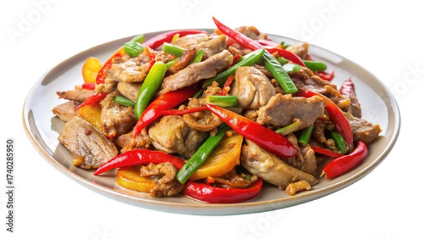 Fototapeta  stir-fry-pork-with-pepper-chilli-thai-isolated-on white background