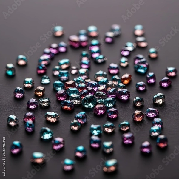 Obraz Abstract Macro Shot of Shimmering Iridescent Glass Fragments Reflecting Diwali Festive Lights, Symbolizing Celebration's Artistic Aftermath and Eco-Friendly Design.