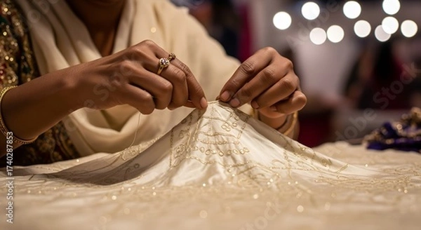 Obraz Skilled Artisan's Hands Meticulously Creating Traditional Bandhani Tie-Dye Silk at a Bustling Diwali Craft Fair, Emphasizing Cultural Textile Heritage and Live Artistry.