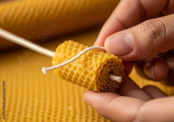 Obraz Exquisite Macro of Artisanal Beeswax Candle Craft for Diwali, Highlighting Natural Purity and Sustainable Luxury with Golden Light.