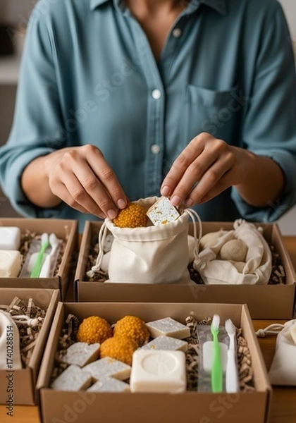 Obraz Heartfelt Diwali Charity: Individual Assembling Eco-Friendly Care Packages with Homemade Sweets and Essentials for Underprivileged Communities, Symbolizing Selfless Giving and Community Support