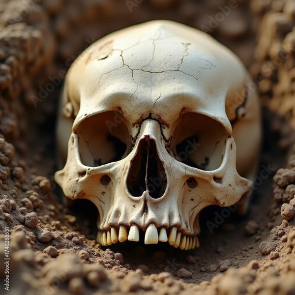 Fototapeta Weathered human skull partially buried in dry soil