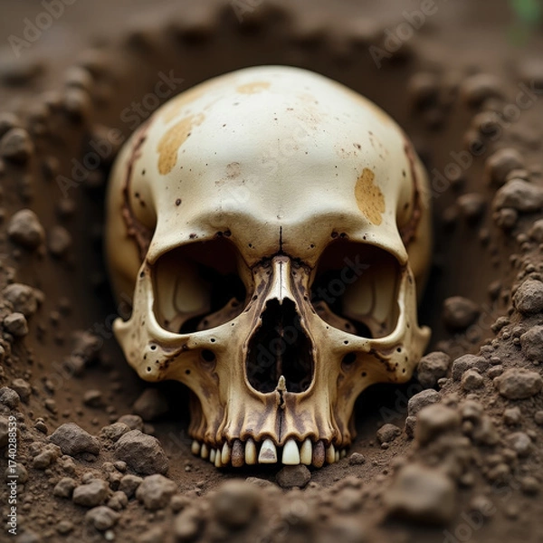 Fototapeta Weathered human skull partially buried in dry soil
