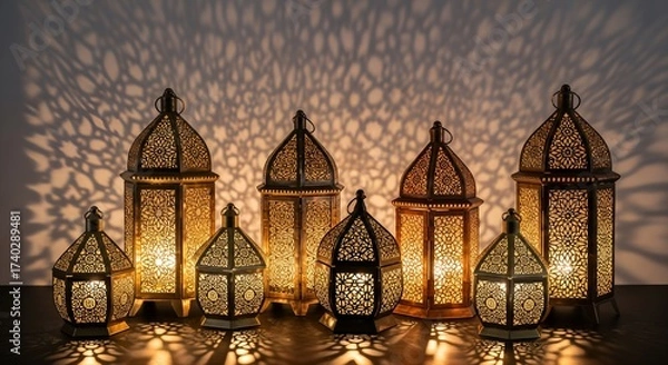 Obraz Elegant Brass and Copper Lanterns Casting Intricate Shadows for Luxurious Diwali Interior Decor, Serene Studio Shot