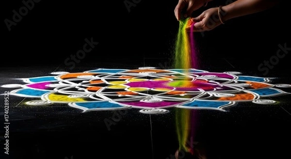 Obraz Mesmerizing High-Angle Shot of Artisan Hands Pouring Swirling Colored Sand to Create a Vibrant Diwali Mandala with Dynamic Motion Blur and Sharp Geometric Design Focus.