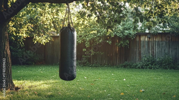Fototapeta Black punching bag hanging on tree branch in backyard