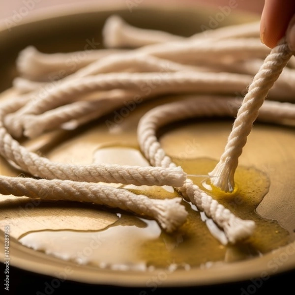 Obraz Macro shot of hand-spun cotton oil lamp wicks meticulously dipped in clarified butter (ghee) on a rustic brass plate, symbolizing Diwali's traditional illumination and divine glow.
