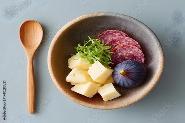 Obraz Charcuterie Board Appetizer Bowl, Salami And Cheese Cubes, Fig And Arugula Salad, Gourmet Snack, Top Down Food Photography, Rustic Bowl With Wooden Spoon, Simple Minimalist Styling
