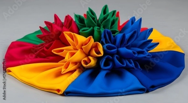 Obraz Abstract Macro Shot: Intricately Folded, Vibrant Silk Fabric Swatches Mimicking Bursting Fireworks, Symbolizing Diwali Prosperity and Textile Traditions with Soft Light.