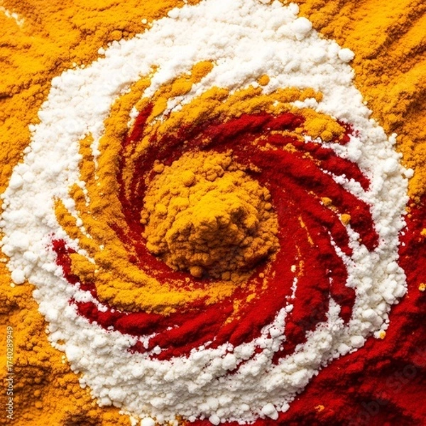 Obraz Abstract macro of vibrant turmeric, kumkum, and rice powder swirling, creating dynamic patterns for a Diwali blessing, symbolizing auspiciousness, abundance, and rich cultural traditions.