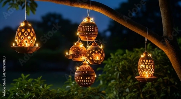 Obraz Serene Indian Garden Night Scene with Terracotta Bird Feeders Illuminated by Solar Fairy Lights, Casting Delicate Shadows with an Eco-Friendly Diwali Glow