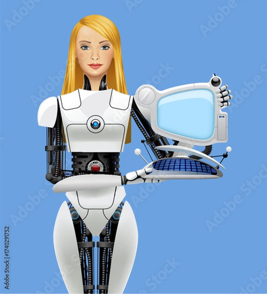 Fototapeta A beautiful blonde biorobot girl stands in front and holds a fictional computer with a glowing screen in her hands. Vector realistic illustration in 3d style