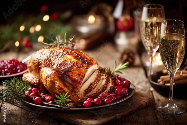 Fototapeta A rustic wooden table set with Christmas dinner featuring roasted turkey, cranberry sauce, and sparkling wine glasses.