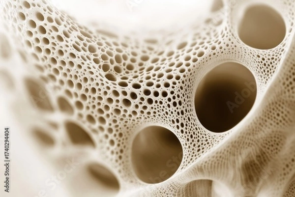 Fototapeta Magnified view of complex porous structure. Resembles cancellous bone or natural sponge, featuring varied hole sizes on an intricate, textured surface.