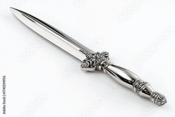 Fototapeta Ornate silver sword displayed on a white surface with a detailed handle design, showcasing craftsmanship and elegance