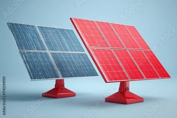 Fototapeta Two solar panels positioned at an angle showing different colors and designs in a studio setting during daylight