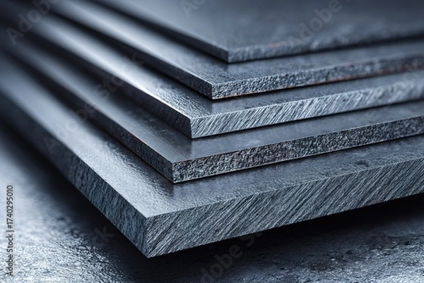 Fototapeta Close-up view of stacked metal sheets showing texture and detail in a well-lit industrial setting