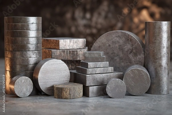 Fototapeta Various shapes and sizes of metallic objects arranged on a surface for industrial design or artistic purposes