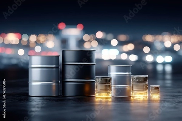Fototapeta Rustic cans on a blurred city background during twilight with soft glowing lights