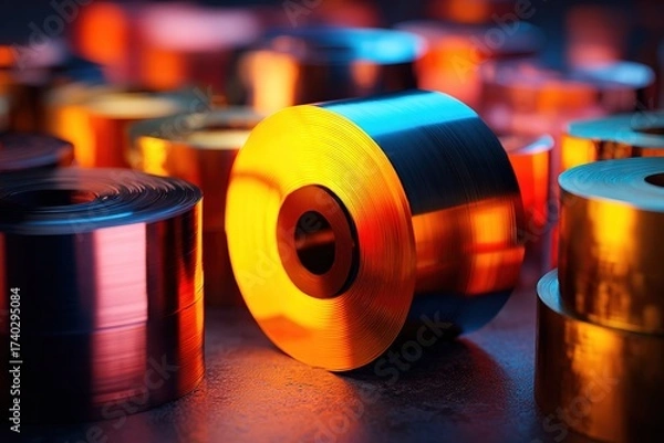 Fototapeta Metal coils with vibrant reflections in a dimly lit workshop showcasing industrial materials in creative lighting