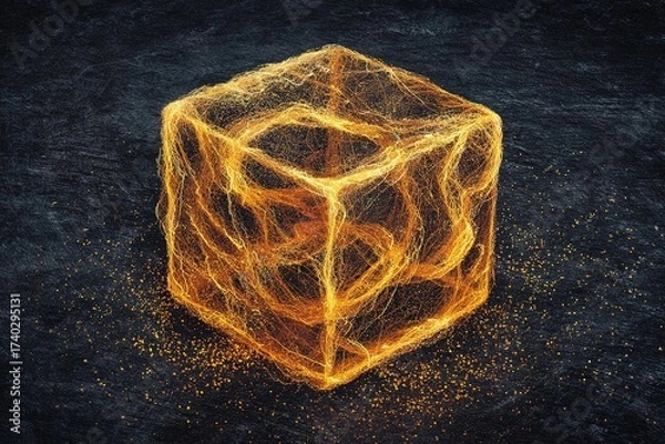 Fototapeta Artistic representation of a glowing cube made of golden threads on a dark background showcasing light and shadow play