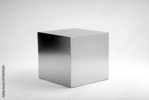 Fototapeta Reflective metallic cube stands on a clean surface casting soft shadows and playing with light in a minimalist space