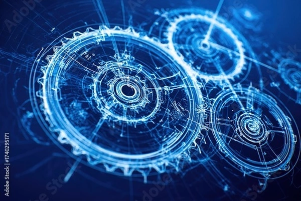 Fototapeta Intricate blue gears and cogs representing a complex mechanical system in a digital design