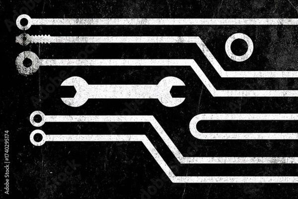 Fototapeta Circuit design with tools and hardware against a dark textured background