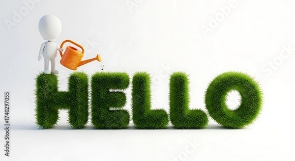 Fototapeta 3d character watering grass letters spelling hello