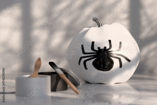 Fototapeta Black and white pumpkin decorated with silhouette of spider on kitchen table. Cans of paint and brushes are nearby, showcasing a DIY autumn craft scene.