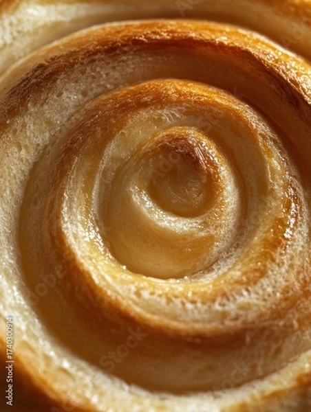 Fototapeta Freshly baked cinnamon roll with a golden swirl showcasing its delicious texture in a cozy bakery setting