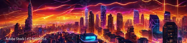 Fototapeta Epic cyberpunk metropolis panorama painted with fiery orange and electric purple