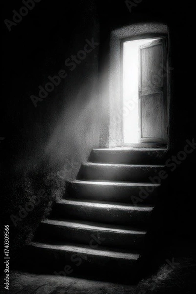 Fototapeta A grayscale photo of a staircase leading to an open door bathed in bright light