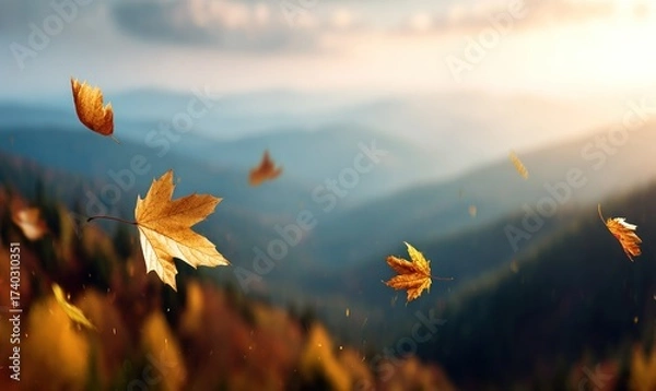 Obraz Golden leaves drift across a blurred mountain vista at sunset
